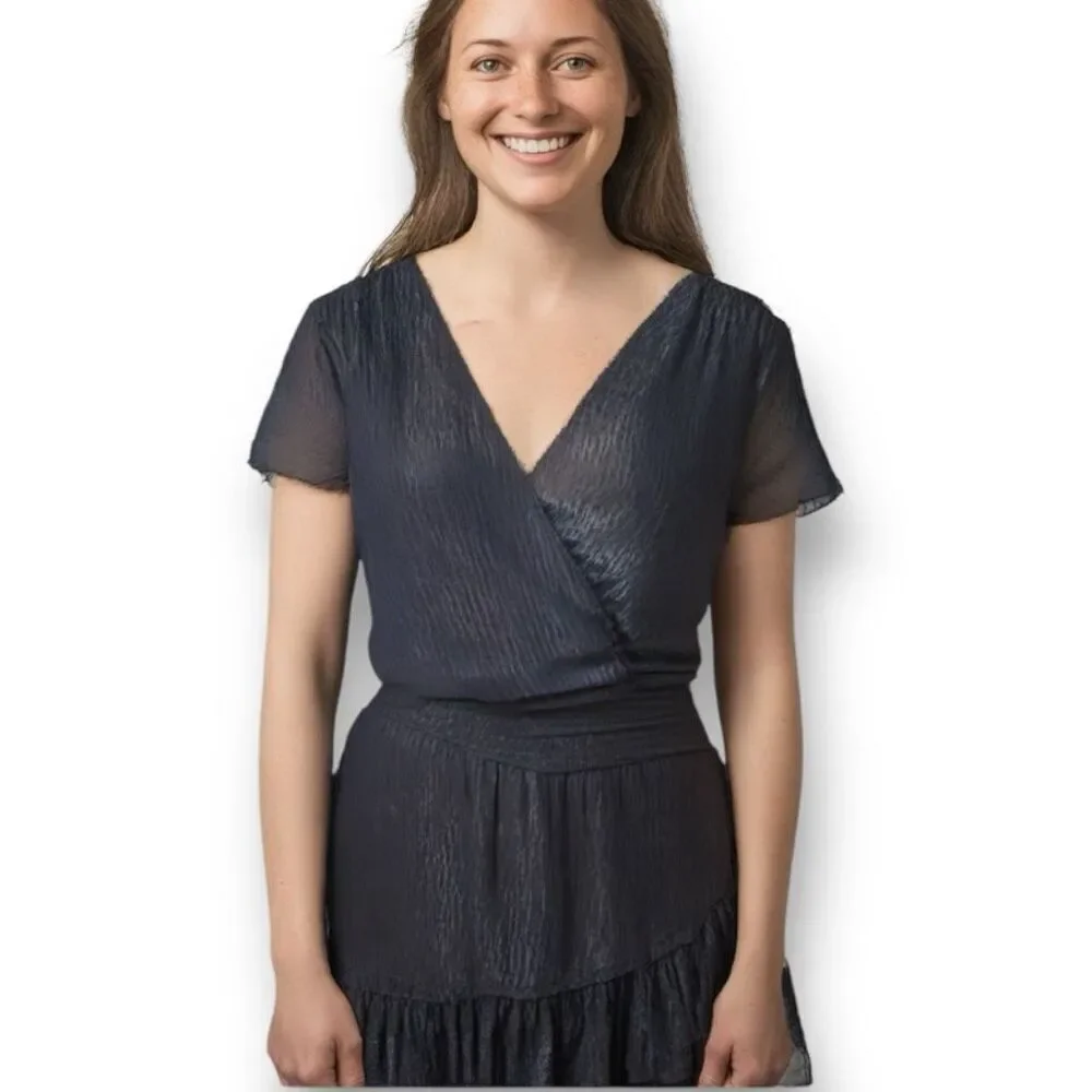 Michael Kors Dress‎ Faux Wrap Black Metallic Shimmer Asymmetrical Ruffle Sheer